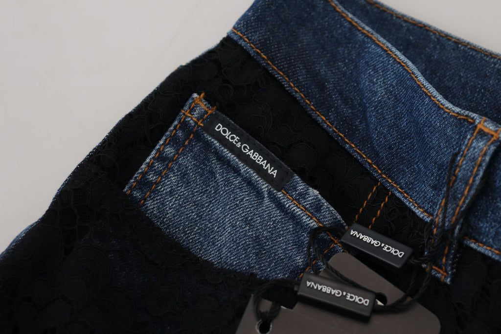 Black floral lace-front skinny denim jeans by Dolce & Gabbana, showcasing fitted style with intricate lace detailing.