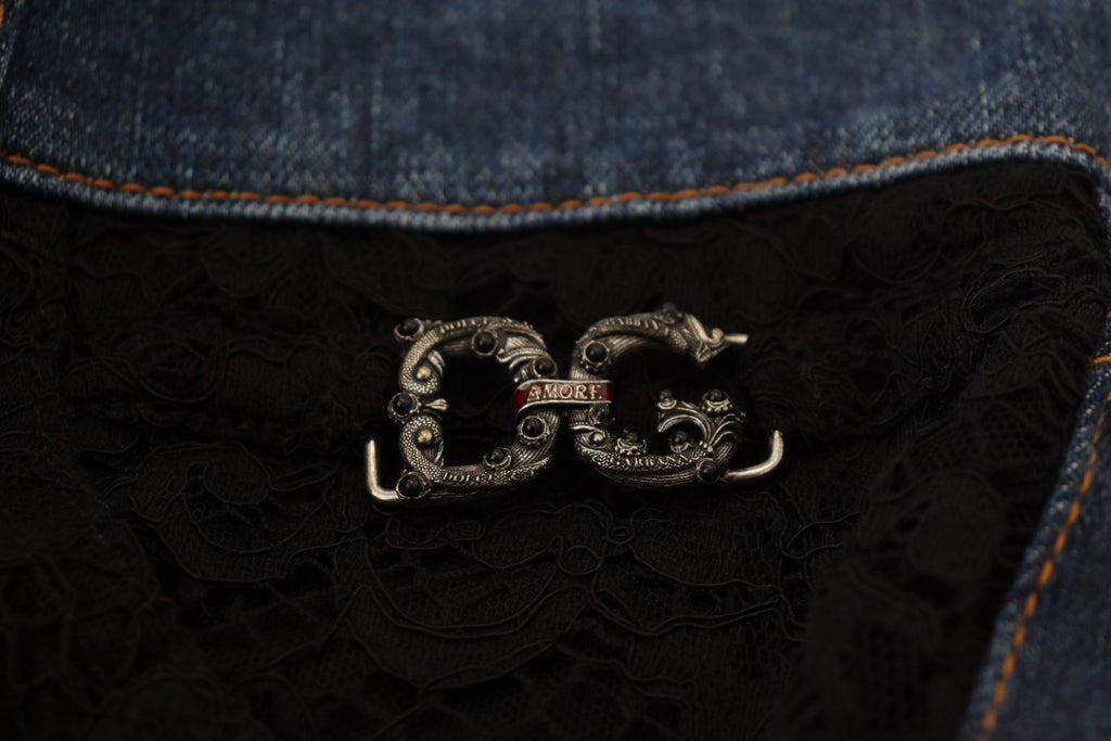 Dolce & Gabbana black floral lace front skinny denim jeans with fitted style and intricate lace detailing.