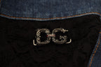 Dolce & Gabbana black floral lace front skinny denim jeans with fitted style and intricate lace detailing.