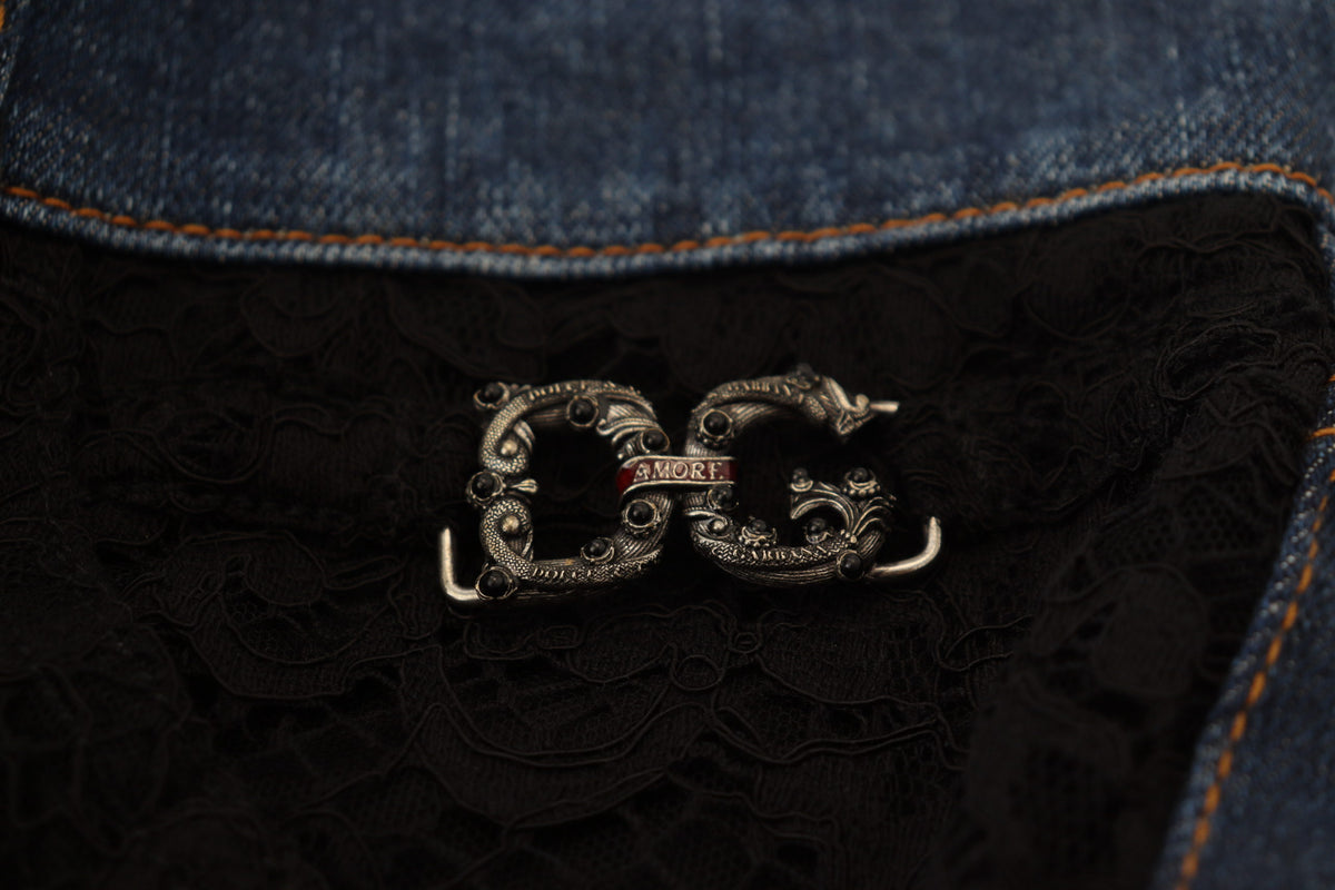 Dolce & Gabbana black floral lace front skinny denim jeans with fitted style and intricate lace detailing.