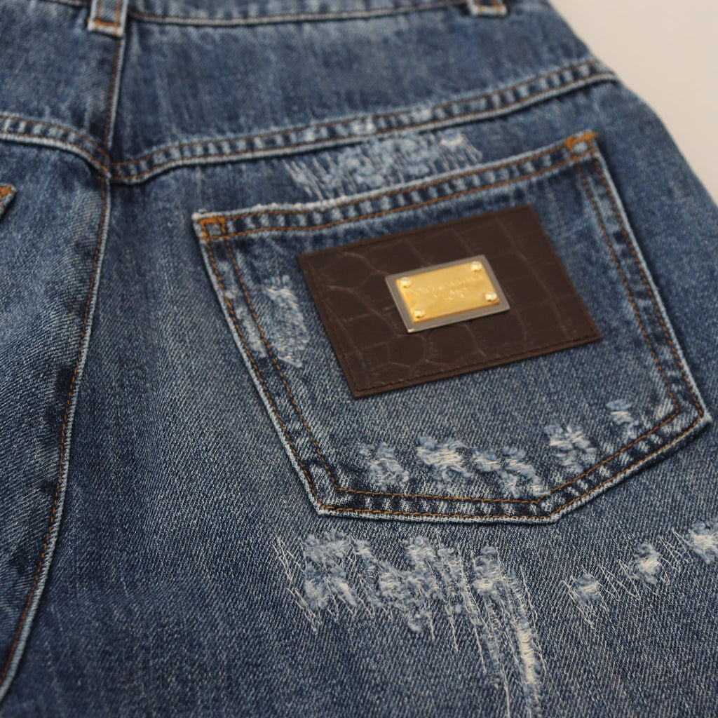 Dolce & Gabbana Blue Washed Cotton Tattered Denim Jeans