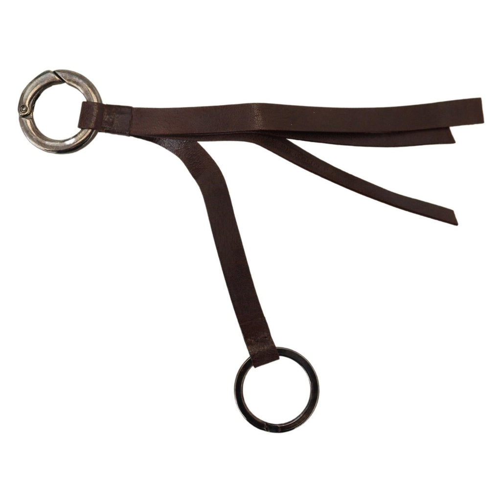 Costume National Brown Leather Silver Tone Metal Keyring Keychain