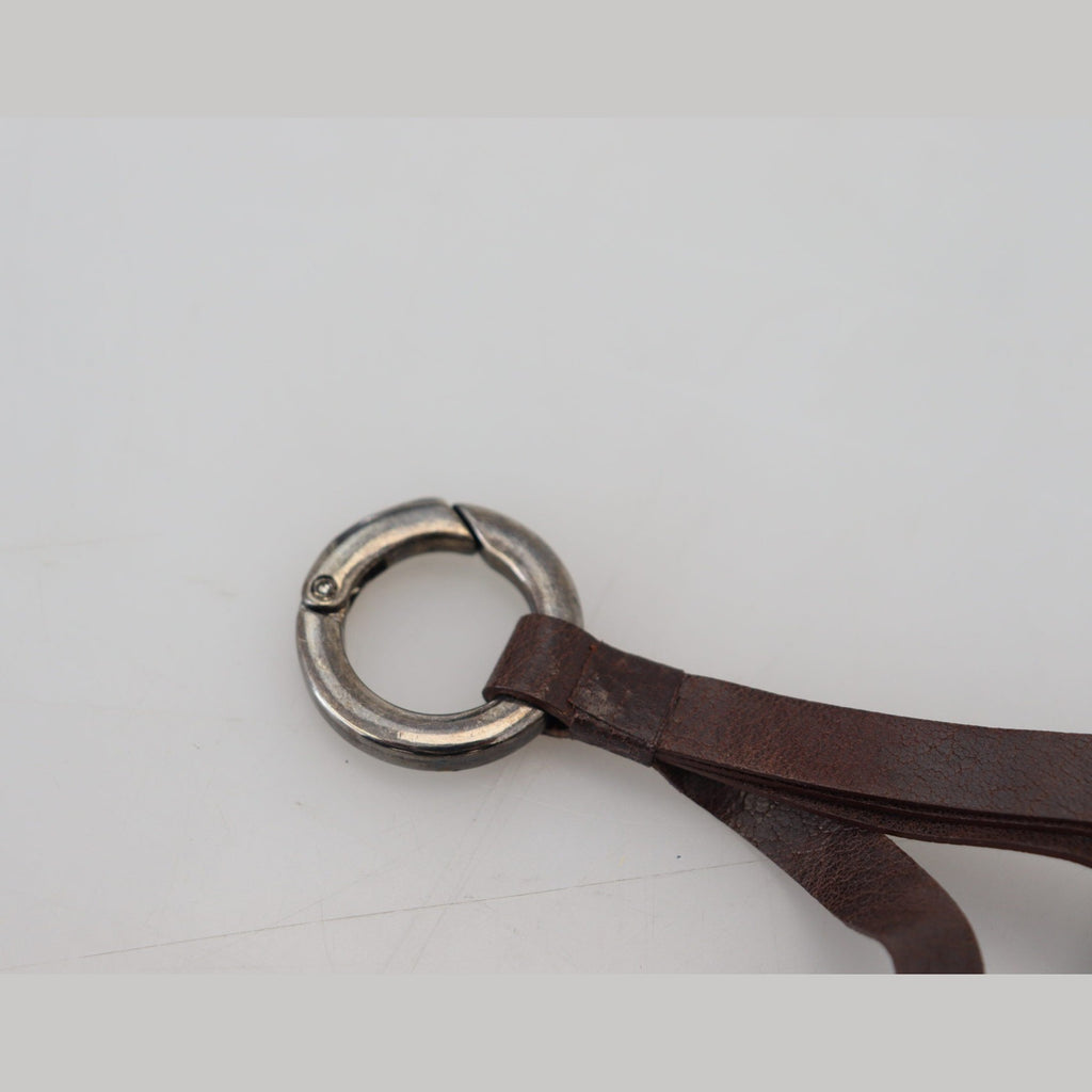 Costume National Brown Leather Silver Tone Metal Keyring Keychain