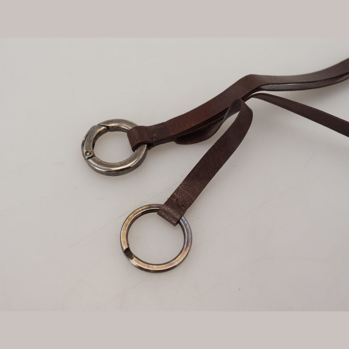 Costume National Brown Leather Silver Tone Metal Keyring Keychain