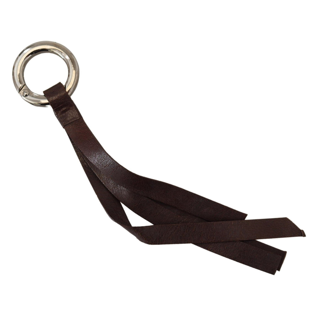Costume National Brown Leather Silver Tone Metal Keyring Keychain