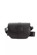 Black leather Pompei Donatella crossbody bag for women with adjustable strap and minimalist design.