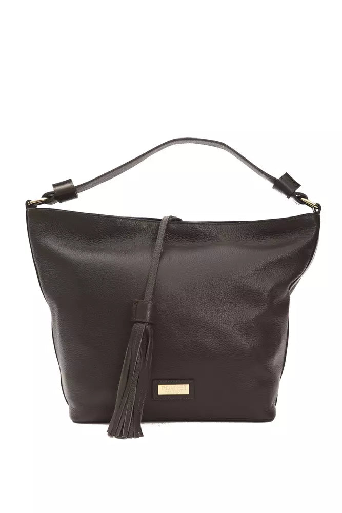 Brown leather women's shoulder bag by Pompei Donatella with sleek design and adjustable strap, perfect for everyday use.