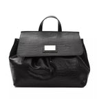 Black leather women’s shoulder bag by Pompei Donatella with sleek design and silver hardware details.