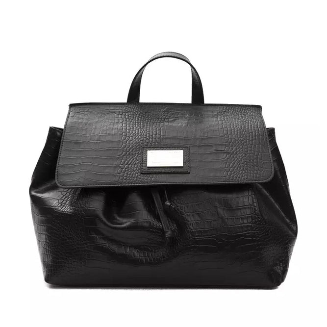 Black leather women’s shoulder bag by Pompei Donatella with sleek design and silver hardware details.