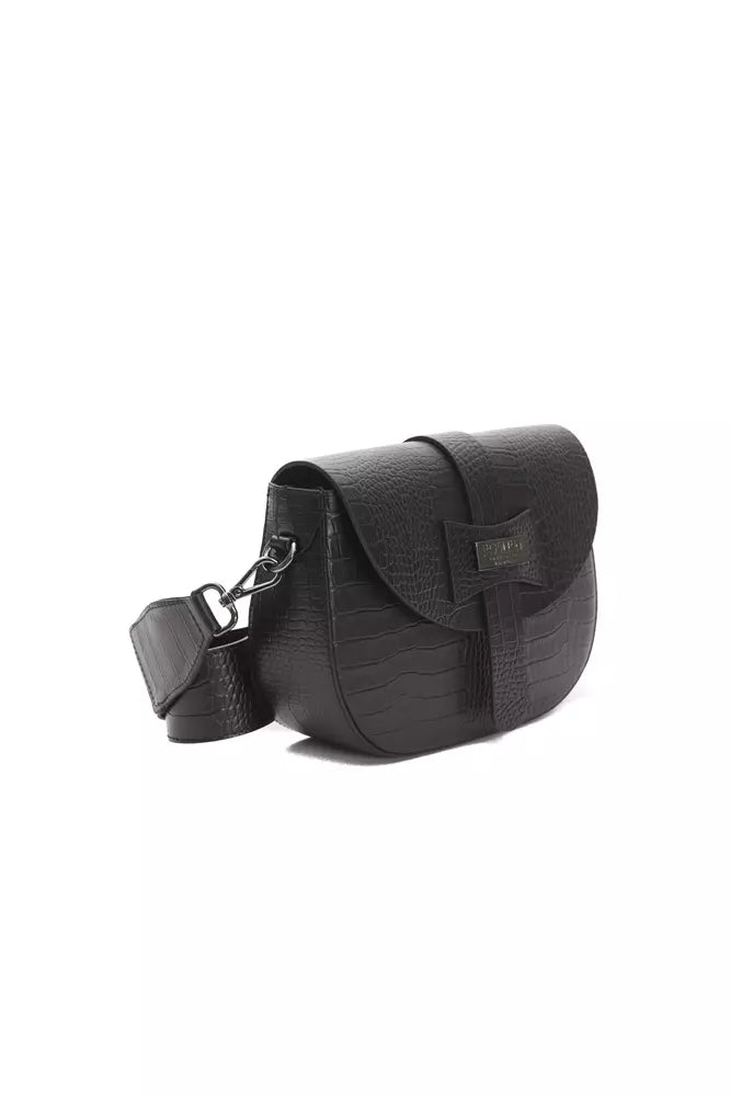 Black leather women’s crossbody bag by Pompei Donatella featuring a sleek design and adjustable strap.