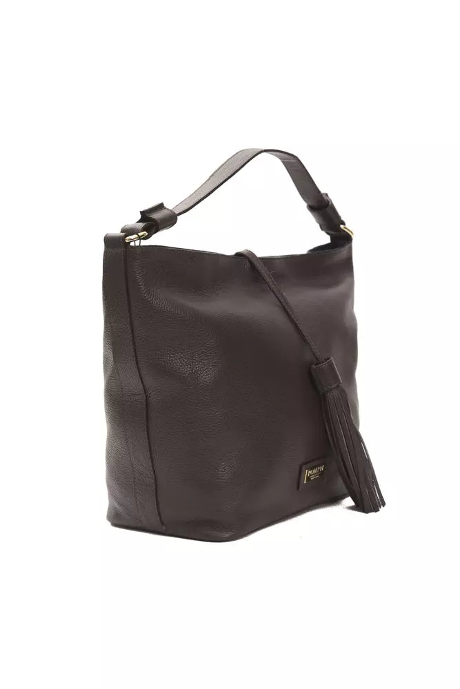 Brown leather women’s shoulder bag by Pompei Donatella with sleek design and adjustable strap.