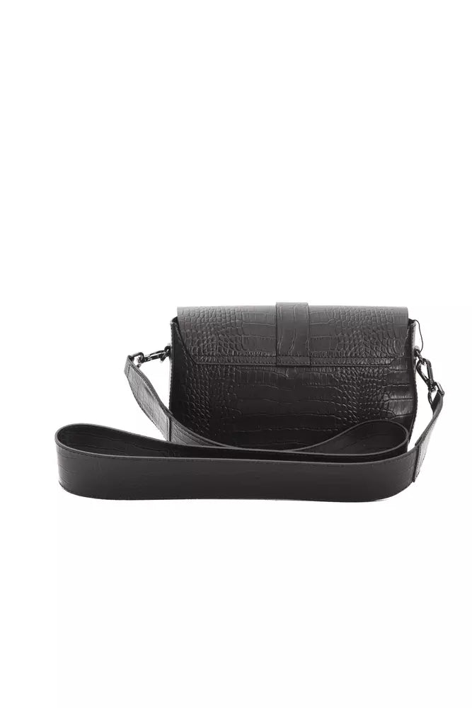 Black leather women’s crossbody bag by Pompei Donatella, featuring sleek design and adjustable strap.