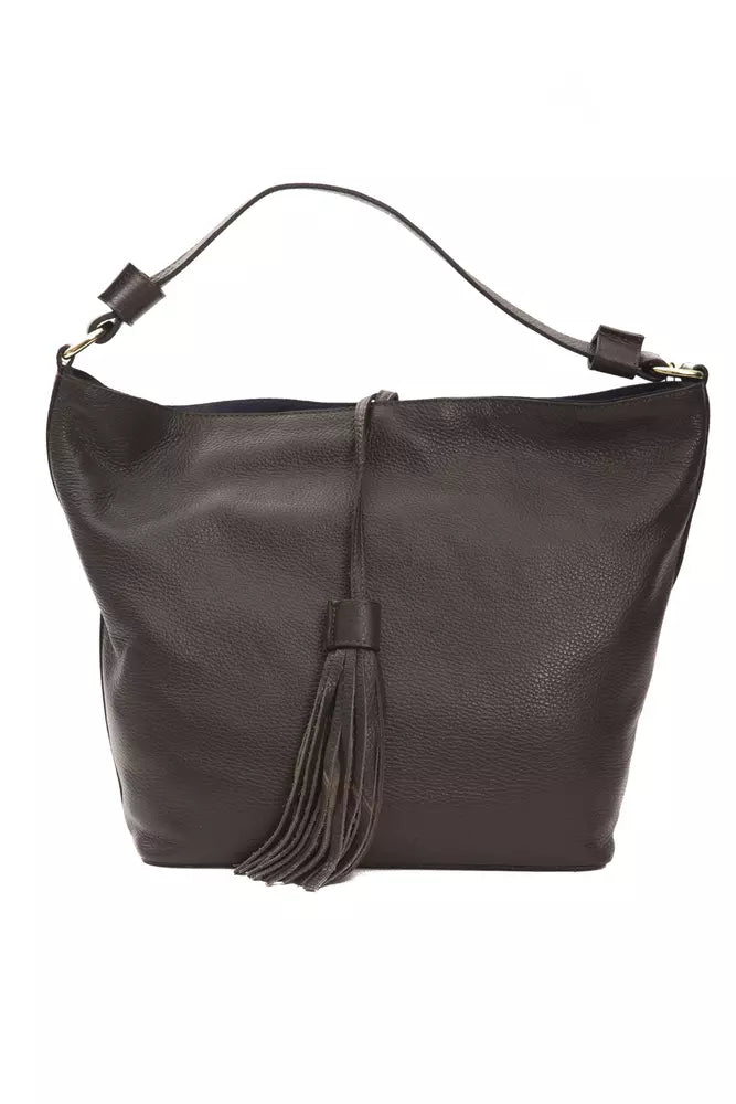 Brown leather women’s shoulder bag by Pompei Donatella with adjustable strap and stylish design.