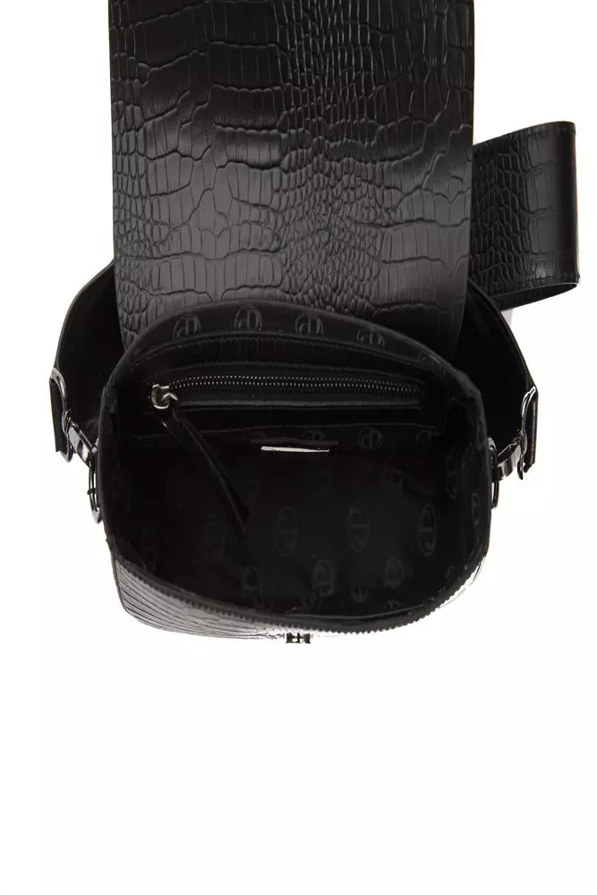 Black leather women’s crossbody bag by Pompei Donatella with adjustable strap and sleek design.