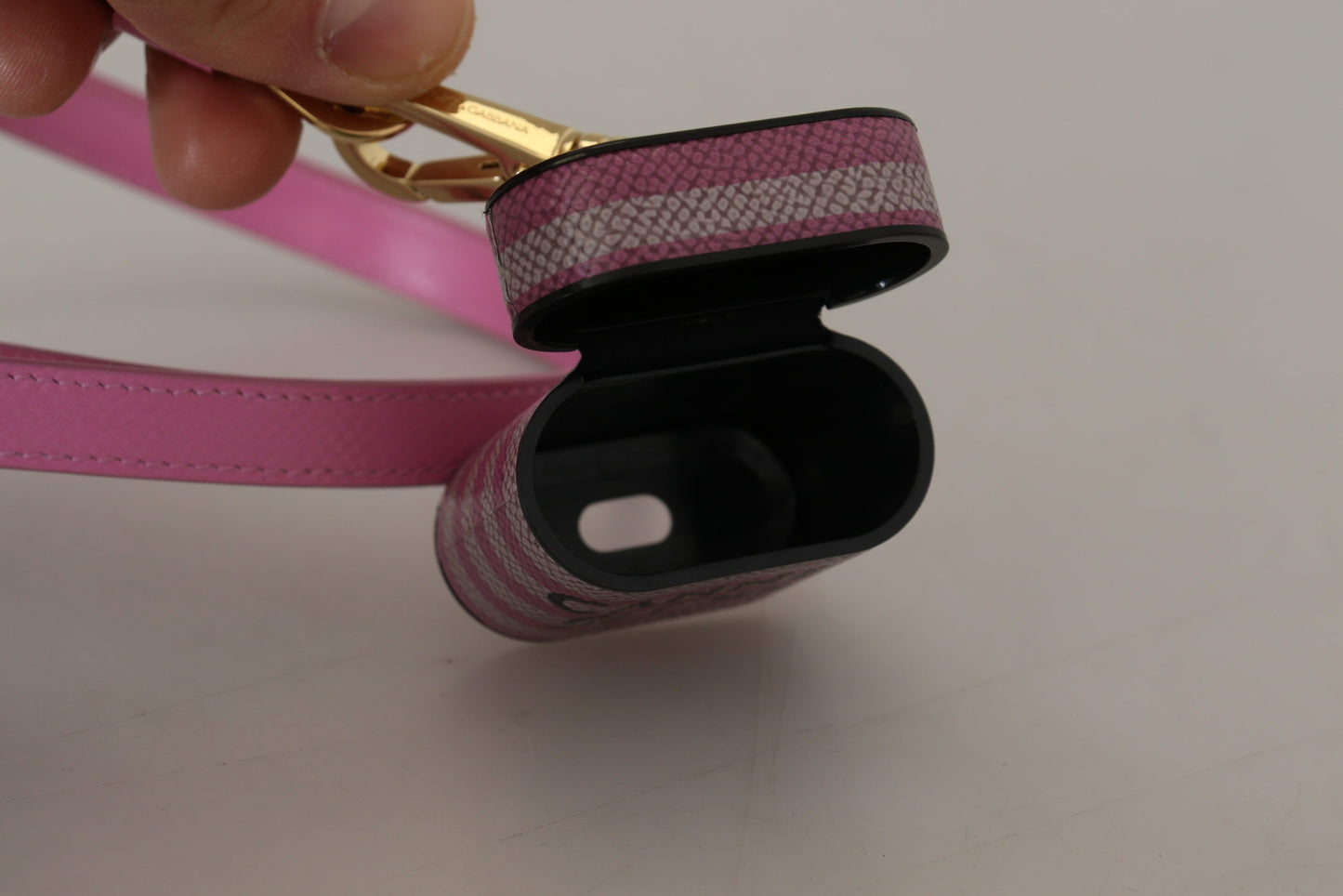 Dolce & Gabbana Pink Black Leather Strap Gold Metal Logo Airpods Case Dolce & Gabbana
