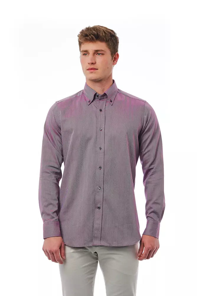 Bagutta burgundy cotton men's shirt with button-down collar and long sleeves, displayed on a hanger.