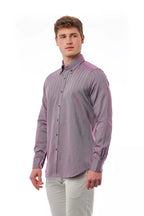 Bagutta burgundy cotton men's shirt displayed on a hanger, showcasing its classic design and smooth fabric texture.