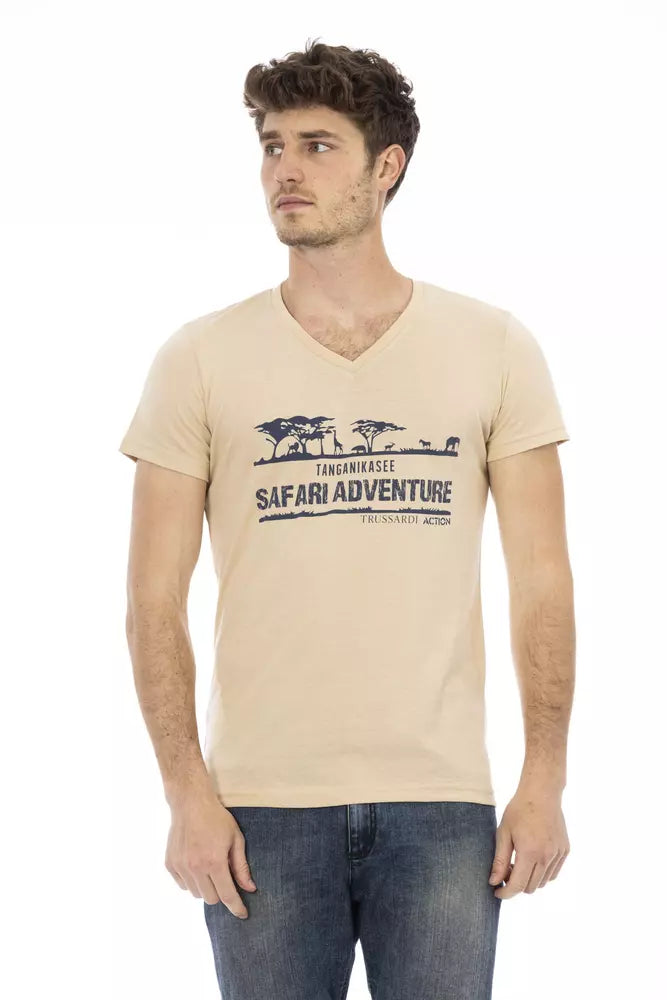 Trussardi Action Beige Cotton Men V-Neck T-Shirt Trussardi Action