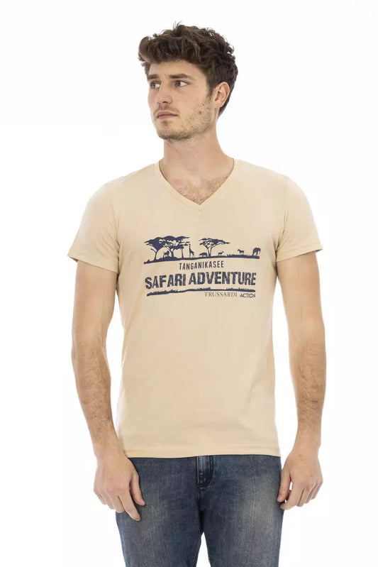 Trussardi Action Beige Cotton Men V-Neck T-Shirt Trussardi Action