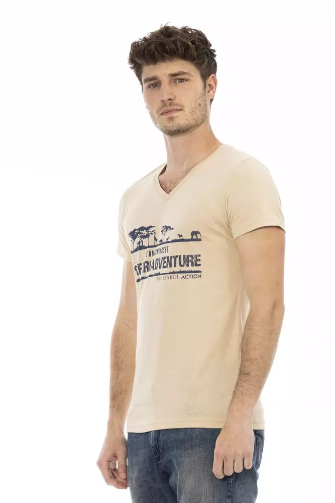 Trussardi Action Beige Cotton Men V-Neck T-Shirt Trussardi Action