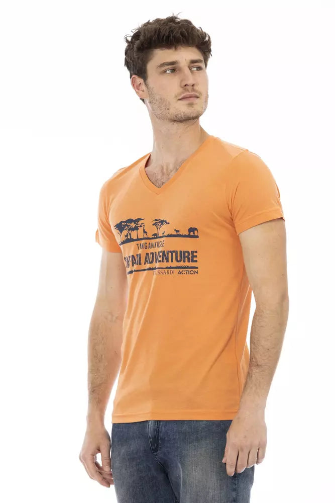 Trussardi Action Orange Cotton Men V-Neck T-Shirt Trussardi Action