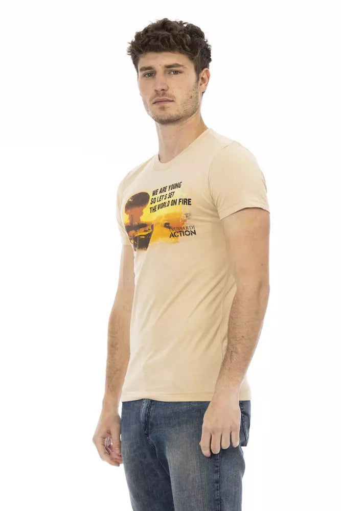 Beige cotton men's T-shirt from Trussardi Action featuring a classic fit and subtle branding, laid flat on a neutral background.