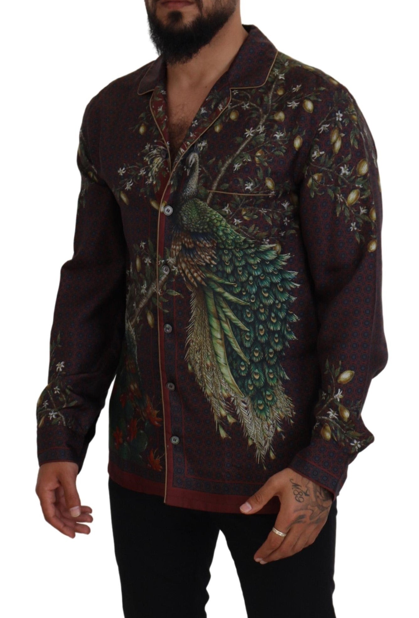 Dolce & Gabbana Bordeaux Ostrich Silk Satin Casual Mens Shirt Dolce & Gabbana