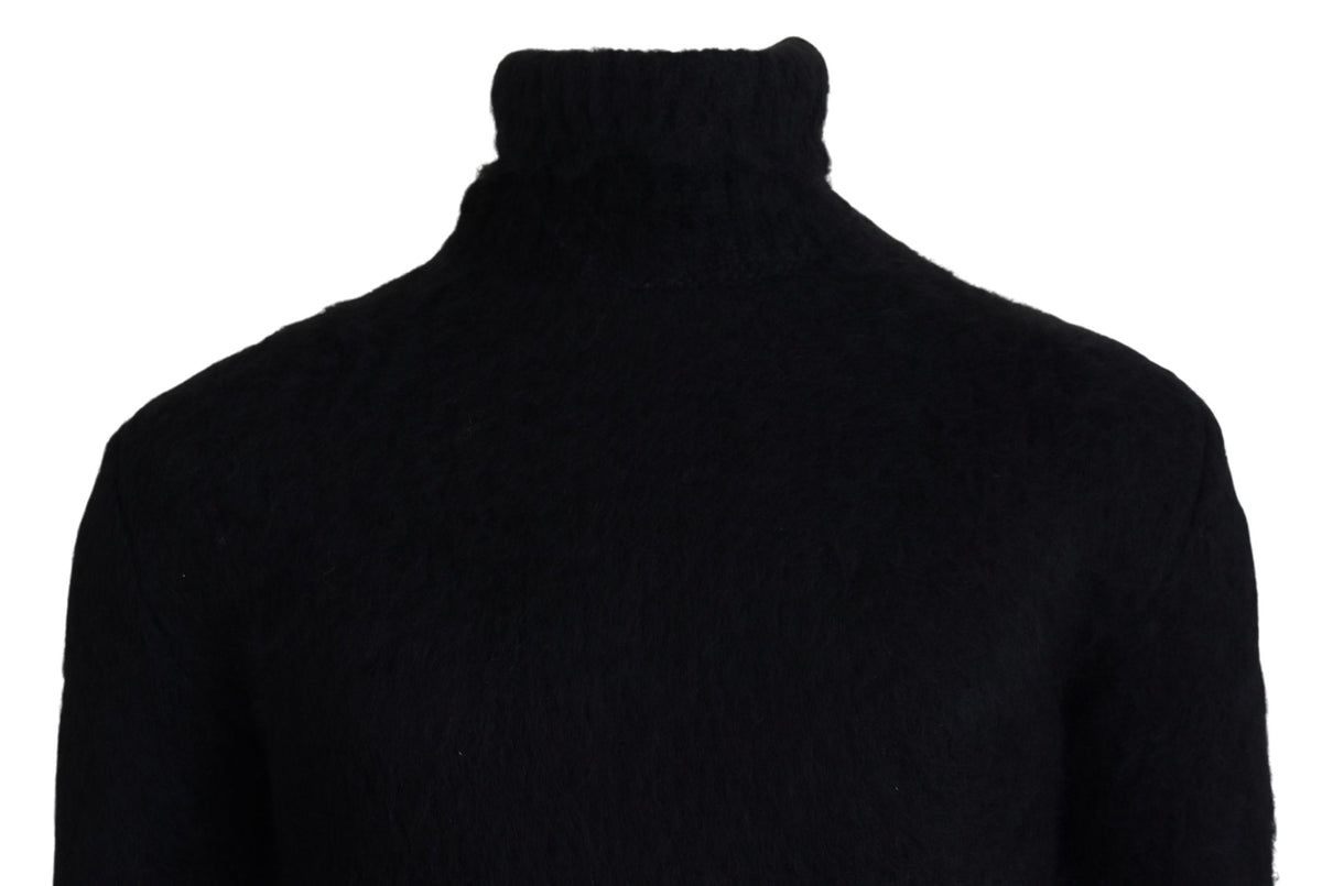 Dolce & Gabbana black and gold mohair turtleneck sweater for men, showcasing a close-up of the luxurious knit fabric.