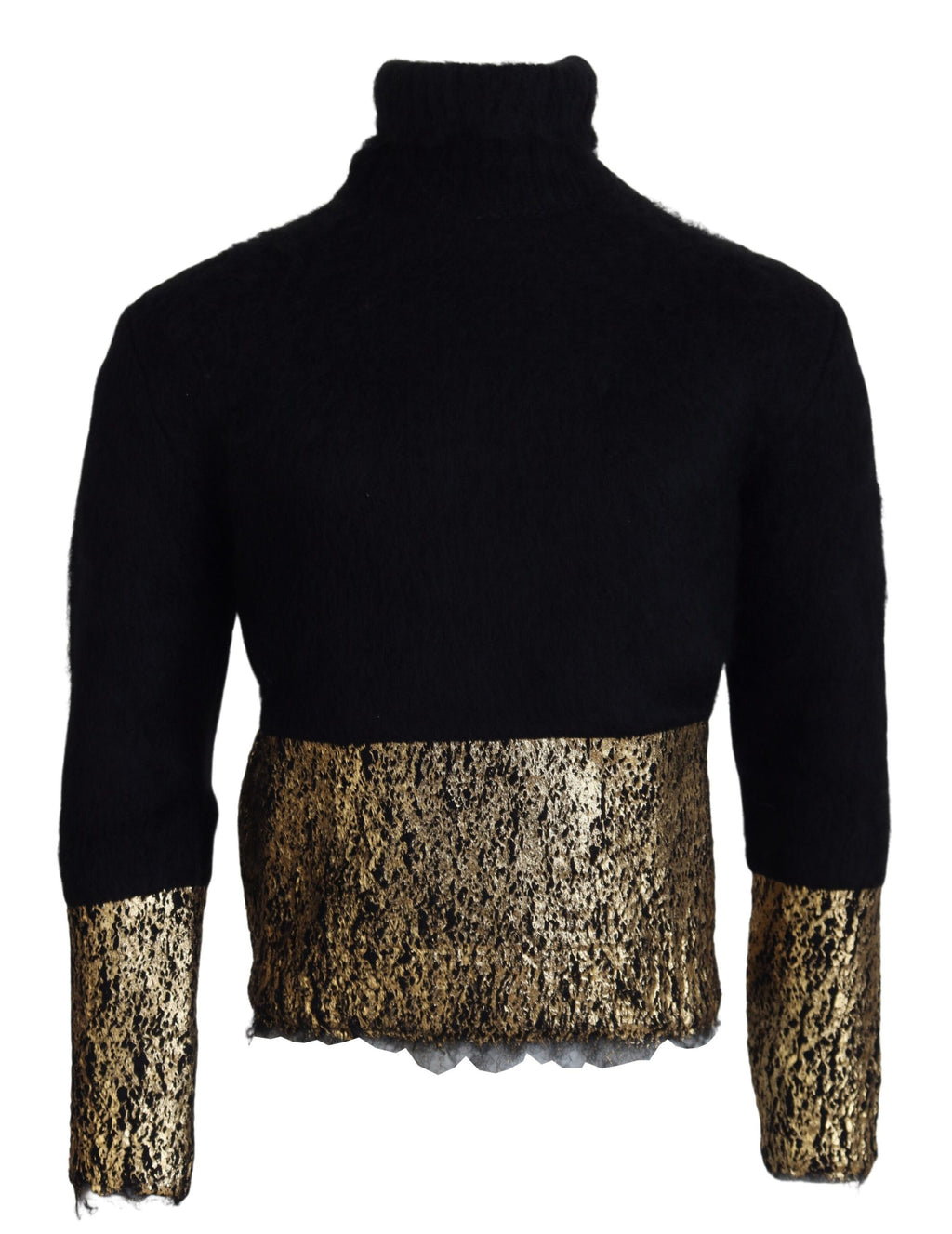 Dolce & Gabbana black and gold turtleneck mohair men's sweater with a cozy, textured knit design.