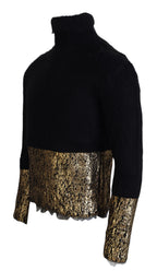 Dolce & Gabbana black and gold turtleneck mohair men's sweater, close-up of the luxurious knit fabric and stylish design.