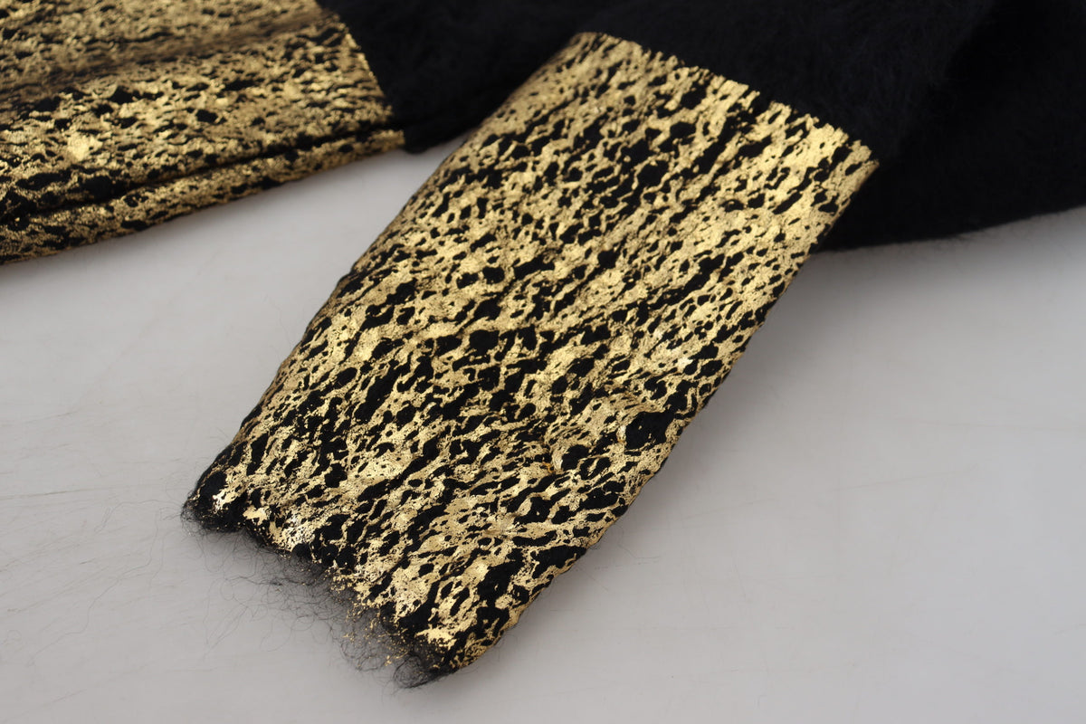 Dolce & Gabbana black and gold mohair turtleneck men's sweater, showcasing a stylish, cozy pullover with a high collar and textured knit.