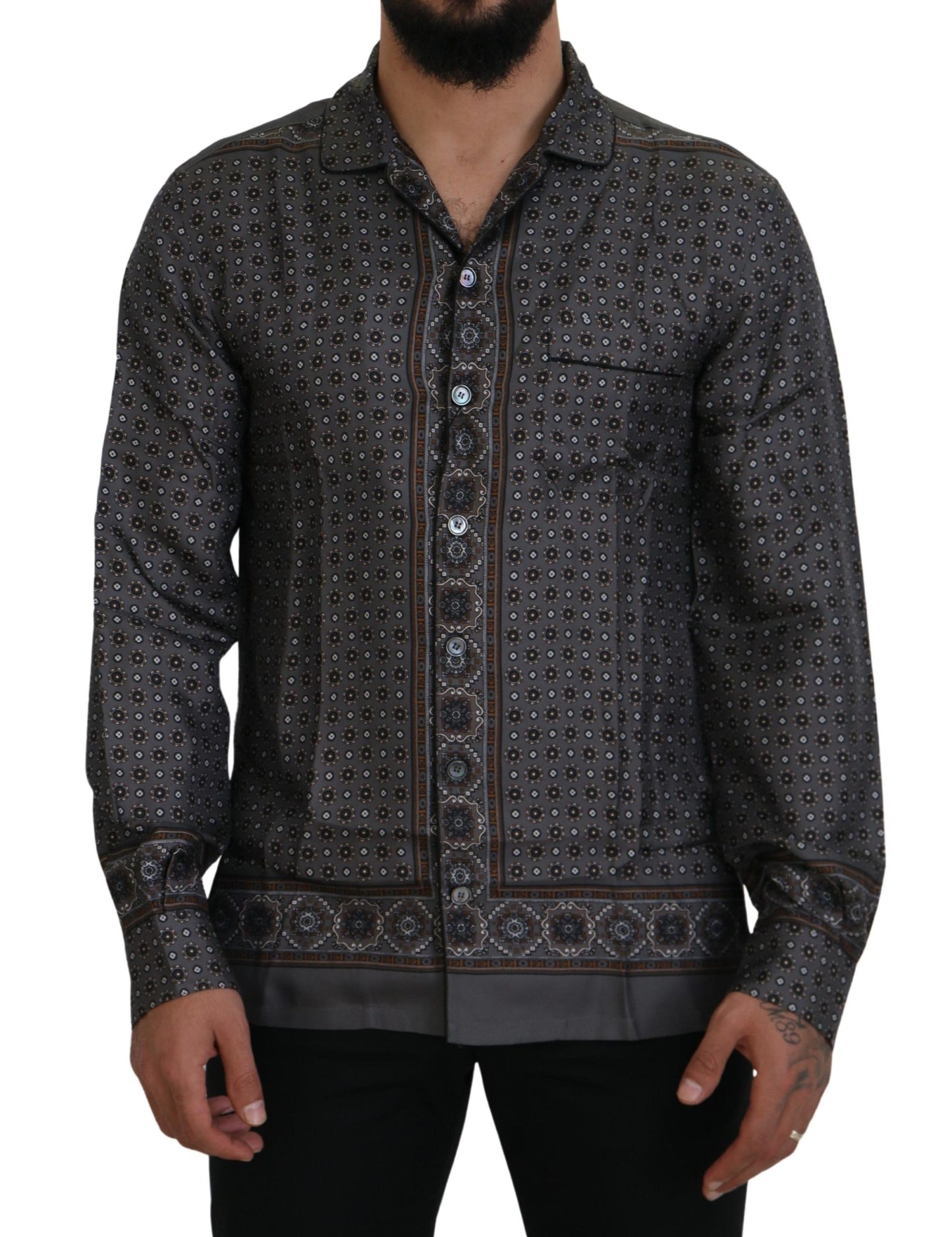 Dolce & Gabbana Gray Baroque Silk Satin Casual Shirt Dolce & Gabbana