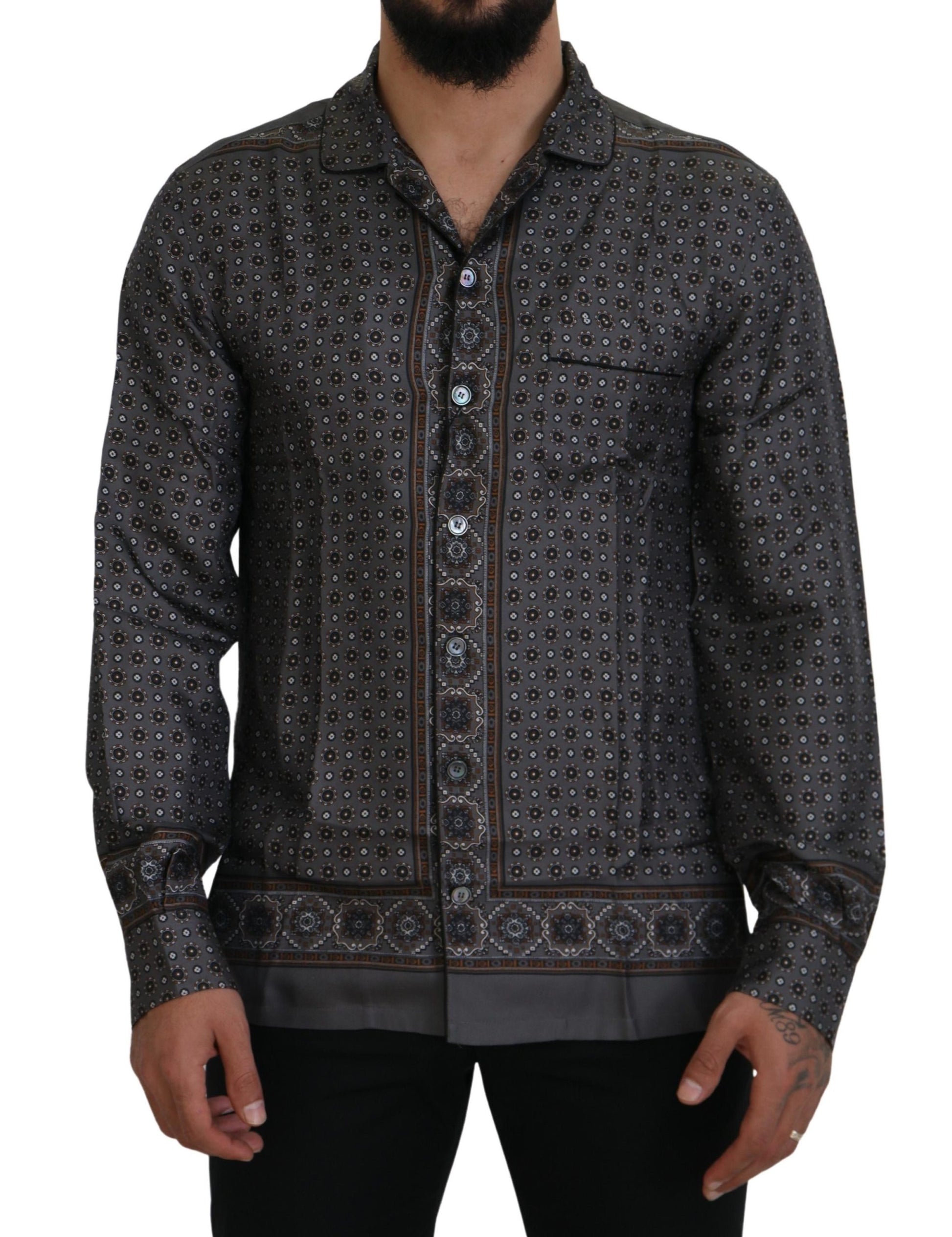 Dolce & Gabbana Gray Baroque Silk Satin Casual Shirt Dolce & Gabbana