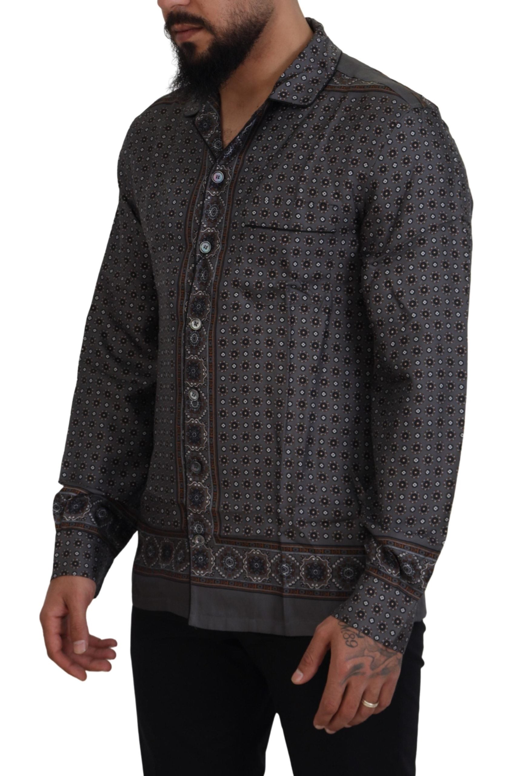 Dolce & Gabbana Gray Baroque Silk Satin Casual Shirt Dolce & Gabbana