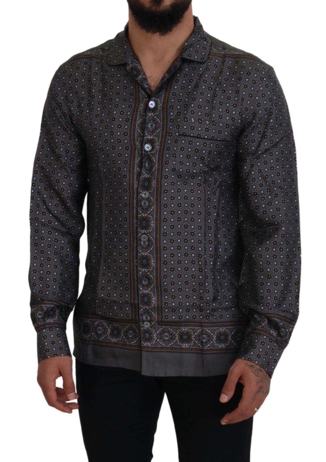 Dolce & Gabbana Gray Baroque Silk Satin Casual Shirt Dolce & Gabbana