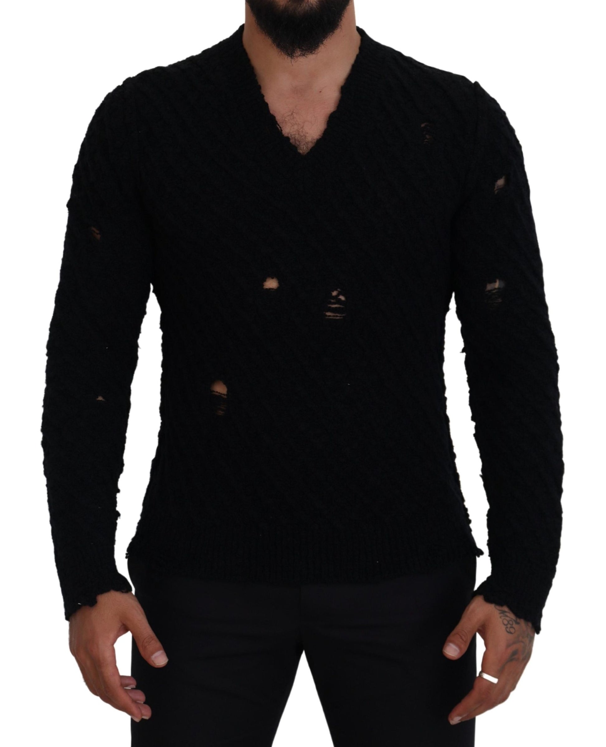 Dolce & Gabbana Black Wool V-neck Knitted Pullover Sweater Dolce & Gabbana