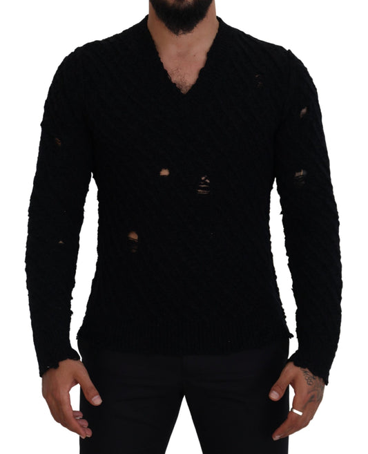Dolce & Gabbana Black Wool V-neck Knitted Pullover Sweater Dolce & Gabbana