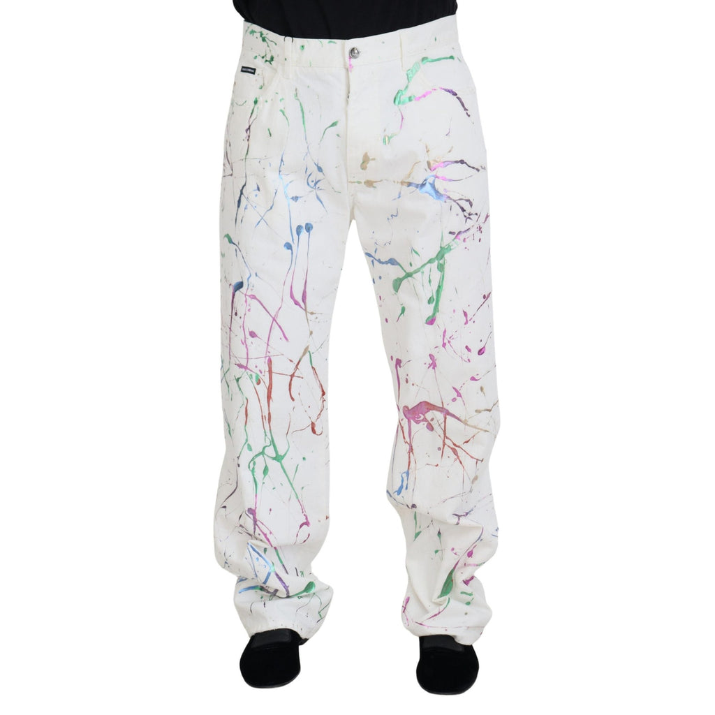Dolce & Gabbana White Cotton Color Splash Print Denim Pants