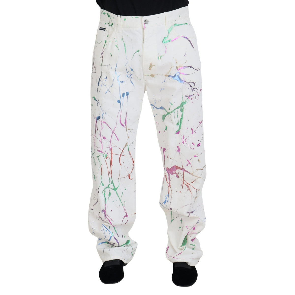 Dolce & Gabbana White Cotton Color Splash Print Denim Pants