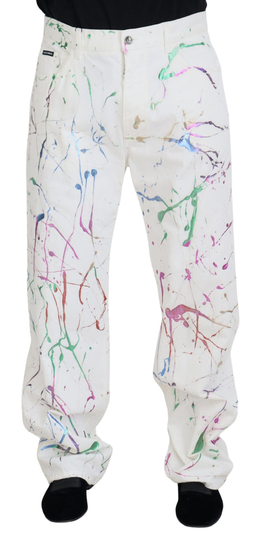 Dolce & Gabbana White Cotton Color Splash Print Denim Pants Dolce & Gabbana