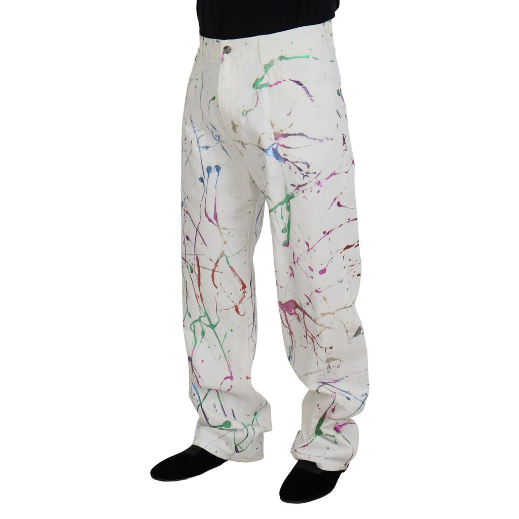 Dolce & Gabbana White Cotton Color Splash Print Denim Pants