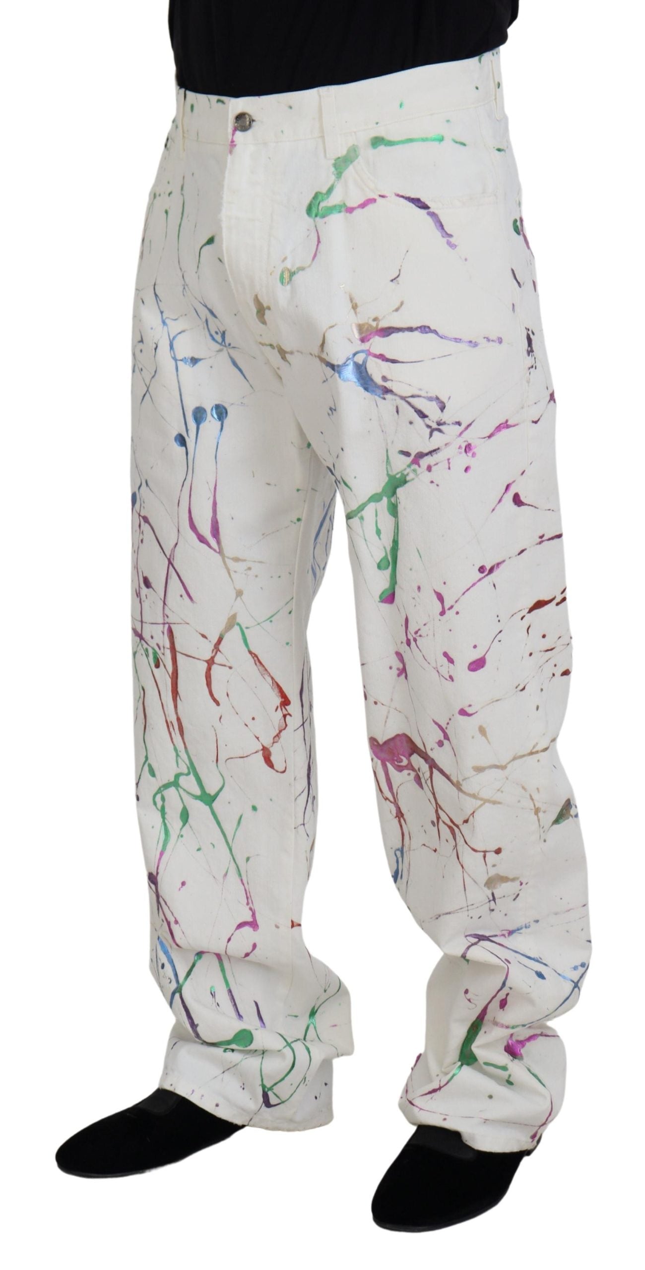 Dolce & Gabbana White Cotton Color Splash Print Denim Pants Dolce & Gabbana