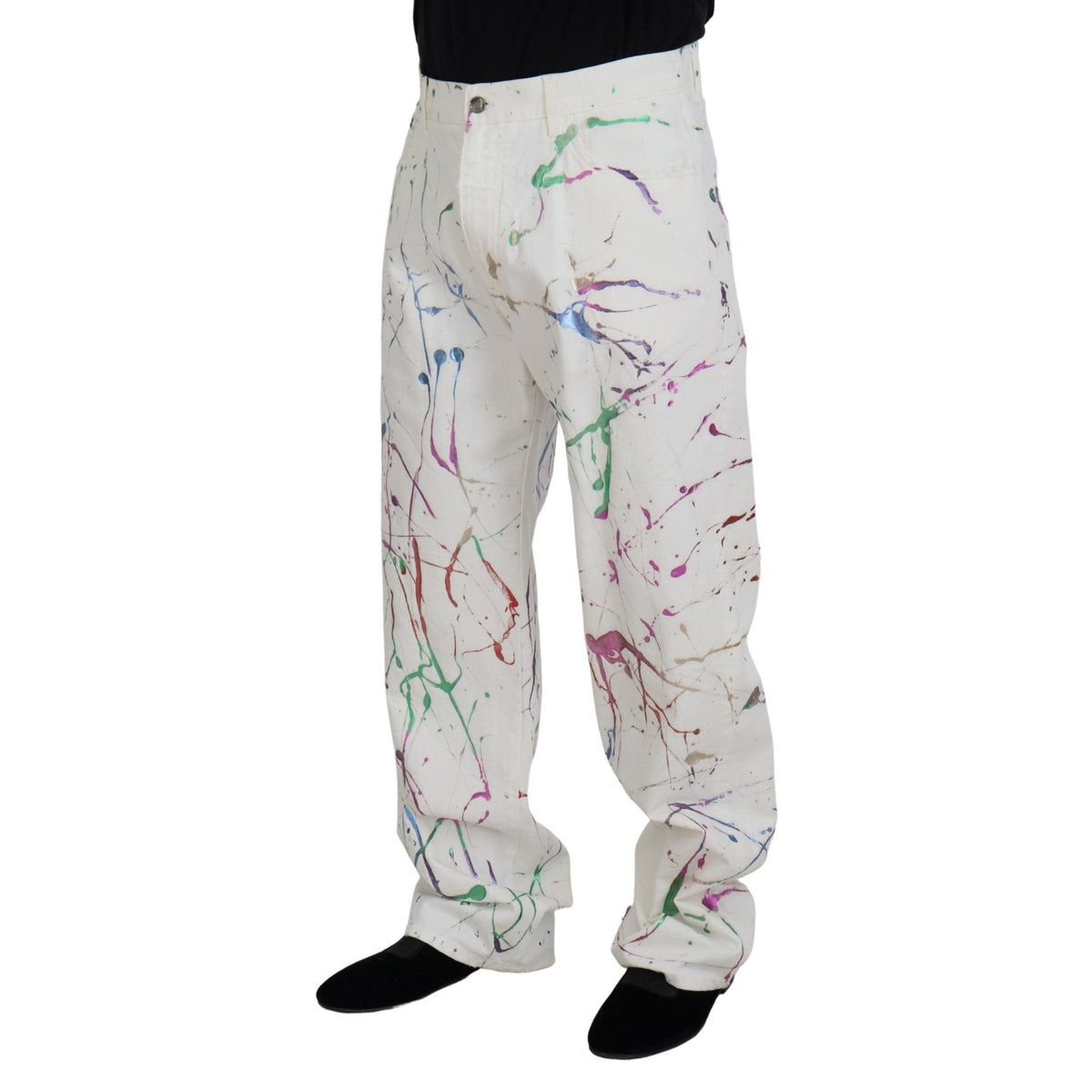 Dolce & Gabbana White Cotton Color Splash Print Denim Pants