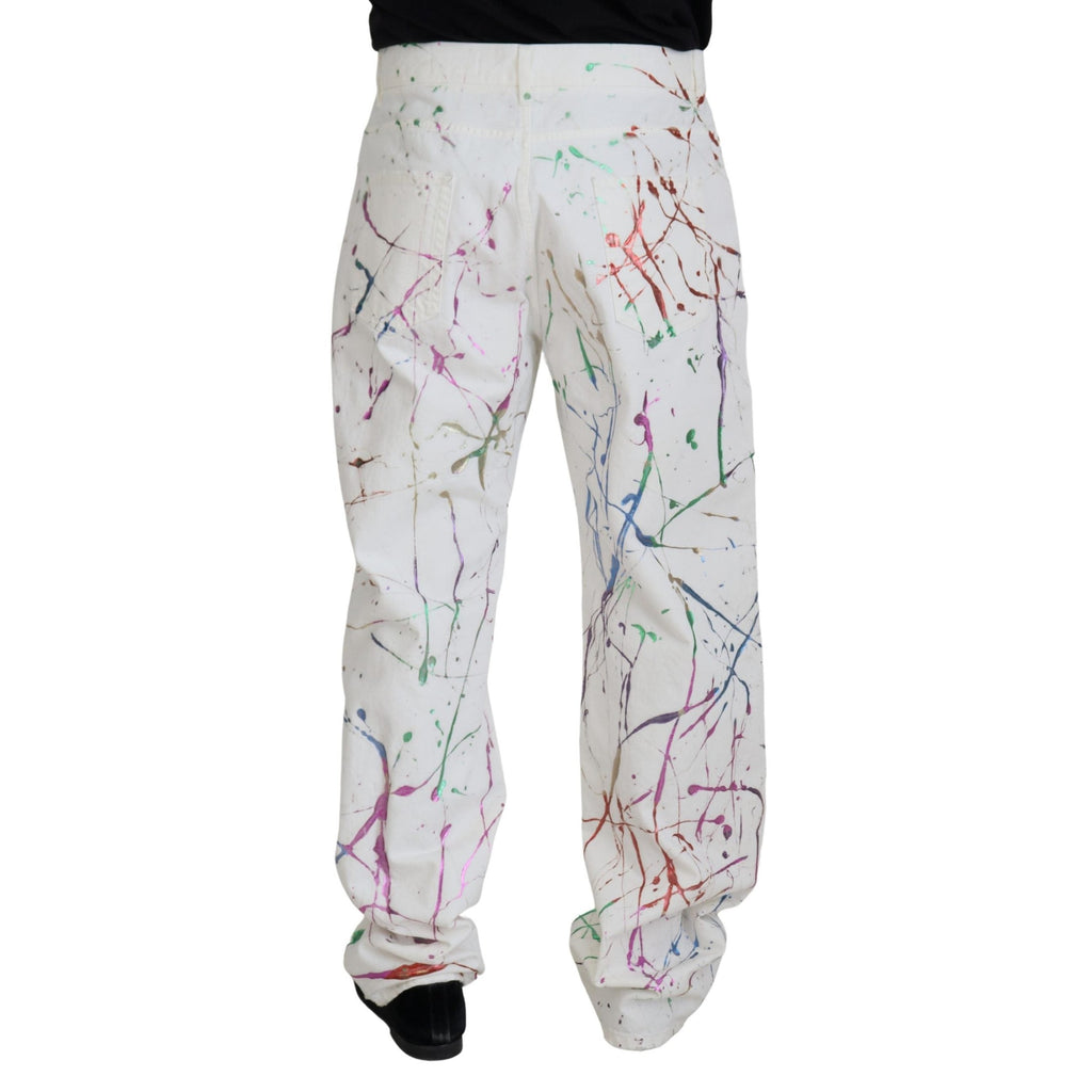 Dolce & Gabbana White Cotton Color Splash Print Denim Pants