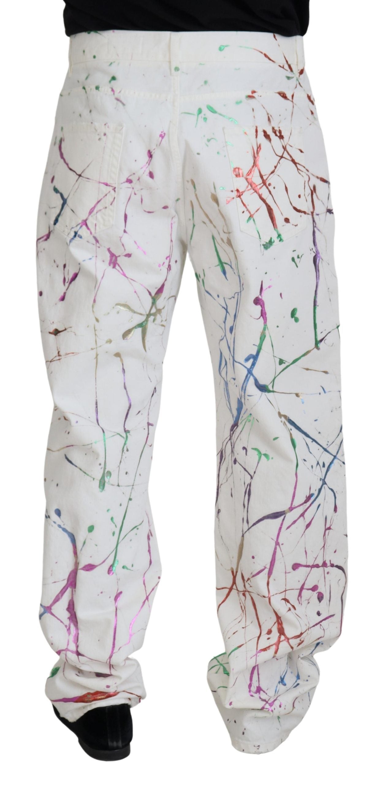 Dolce & Gabbana White Cotton Color Splash Print Denim Pants Dolce & Gabbana