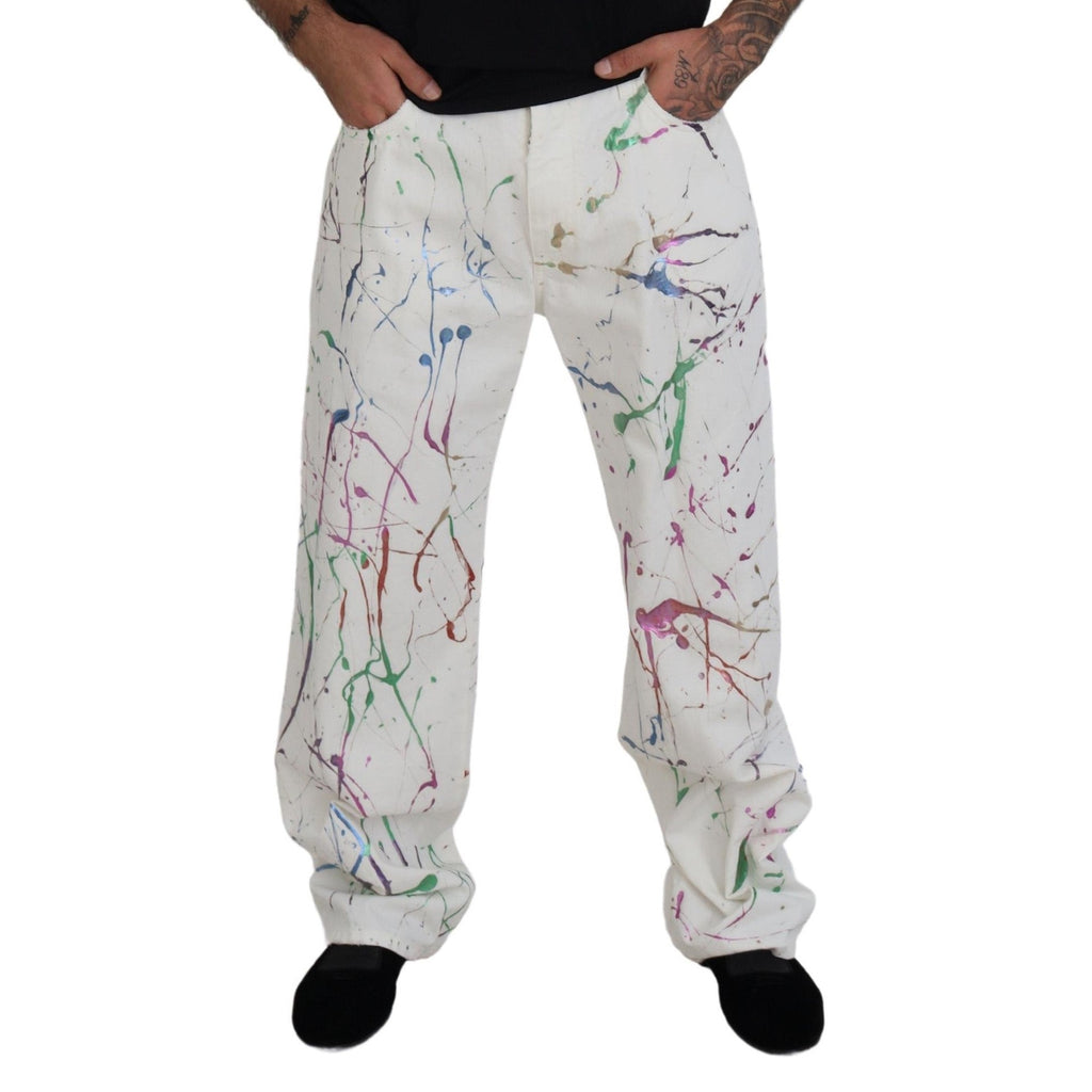 Dolce & Gabbana White Cotton Color Splash Print Denim Pants