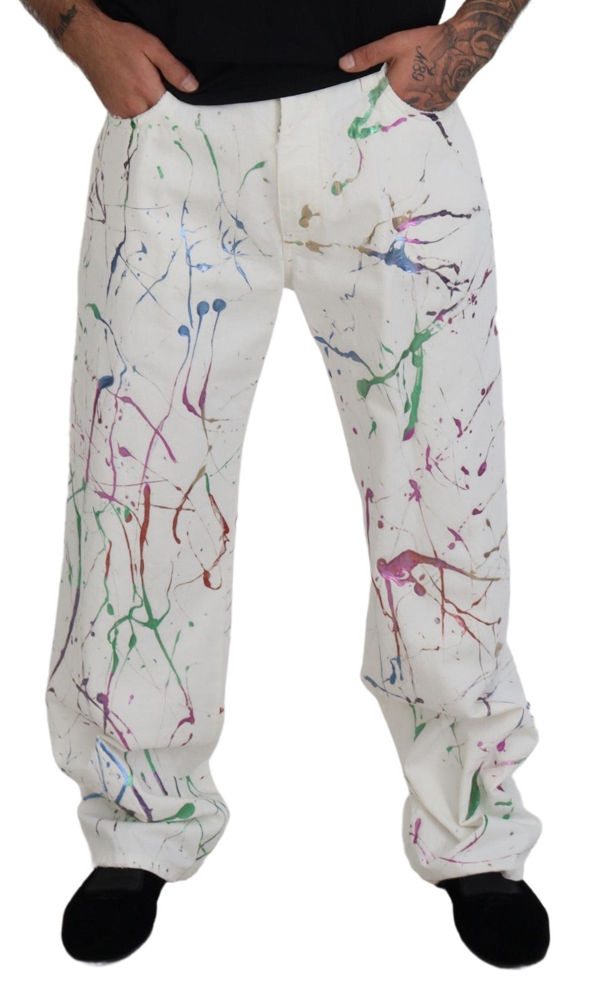 Dolce & Gabbana White Cotton Color Splash Print Denim Pants Dolce & Gabbana