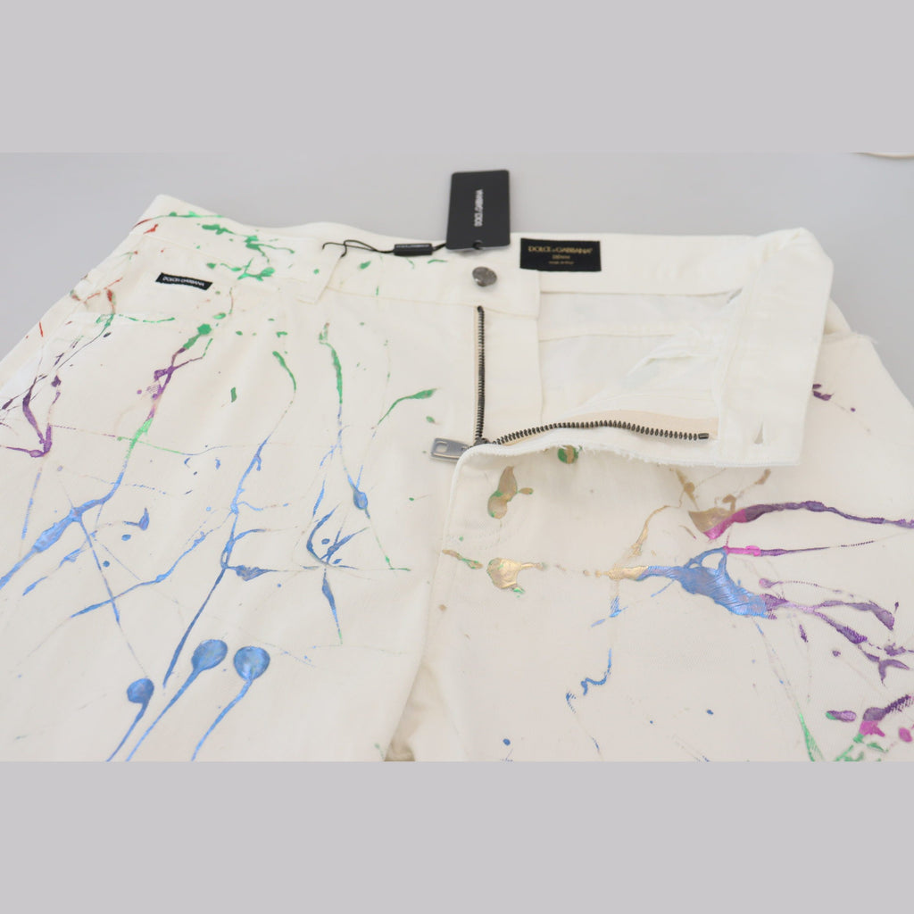 Dolce & Gabbana White Cotton Color Splash Print Denim Pants