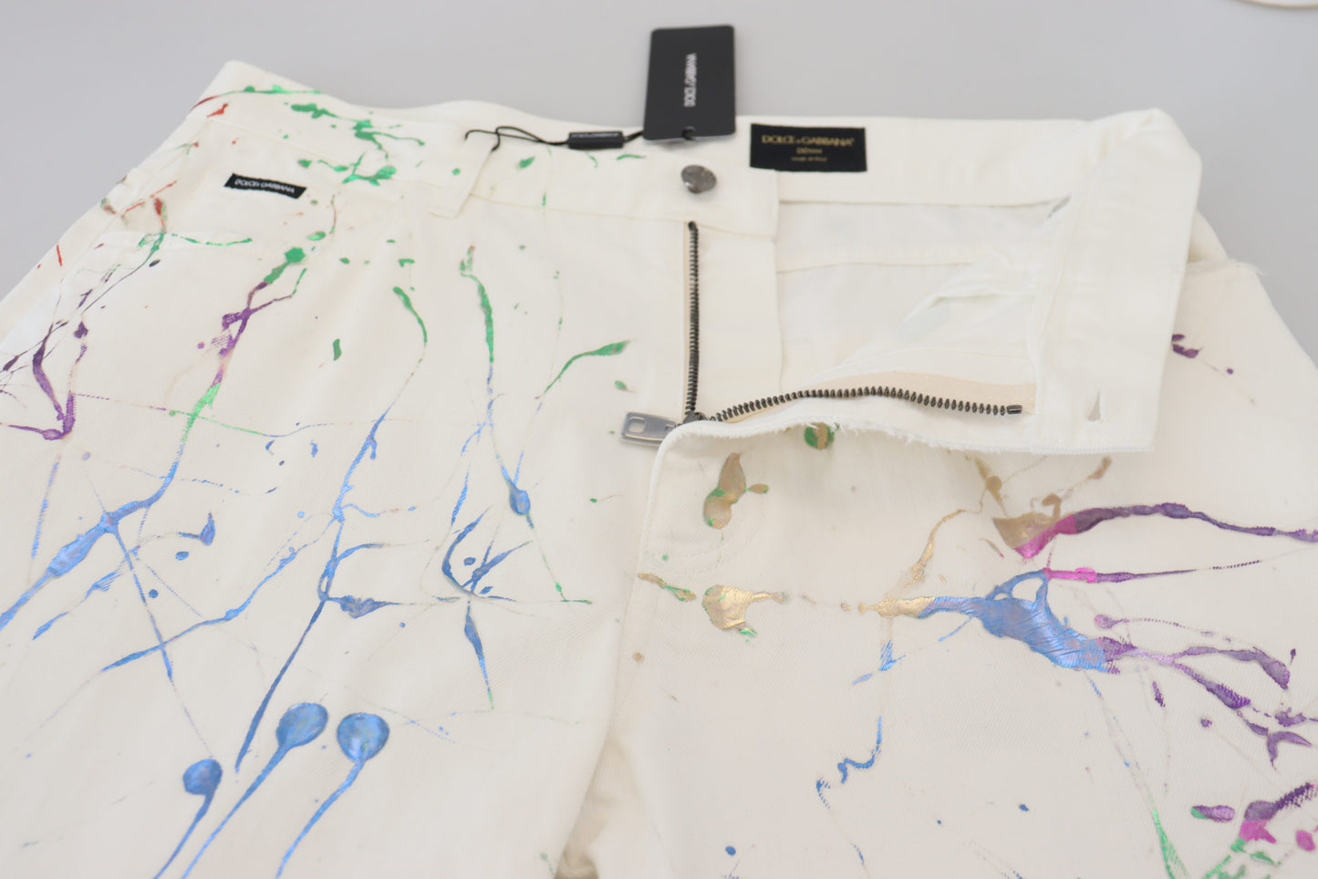 Dolce & Gabbana White Cotton Color Splash Print Denim Pants Dolce & Gabbana