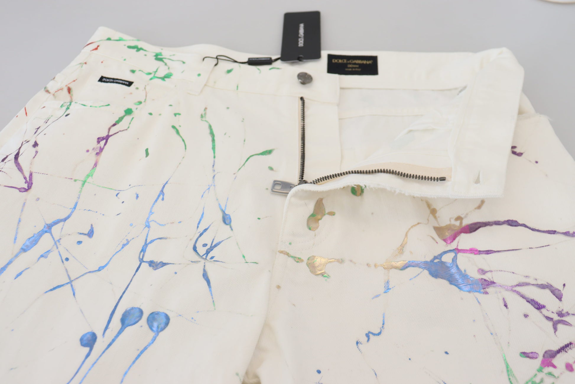Dolce & Gabbana White Cotton Color Splash Print Denim Pants Dolce & Gabbana